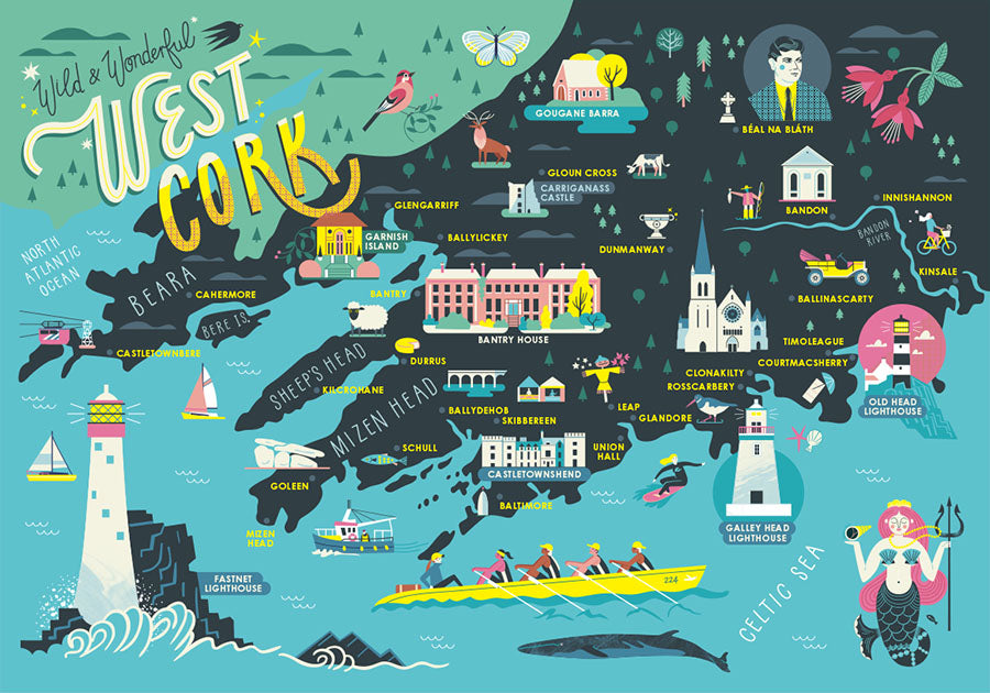 'Wild & Wonderful West Cork' Illustrated Map - Sea Blues