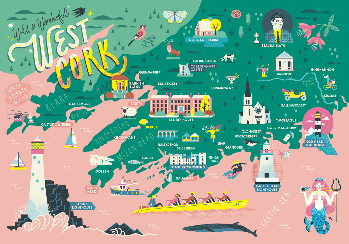 'Wild & Wonderful West Cork' Illustrated Map - Coral and Green