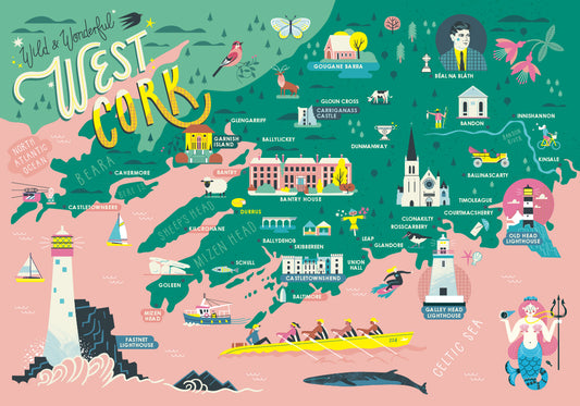 'Wild & Wonderful West Cork' Illustrated Map - Coral and Green